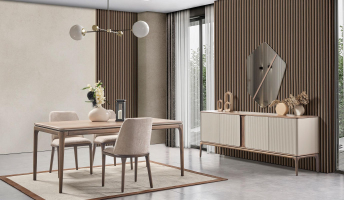 Eetkamerset Eettafel 4 stoelen Dressoir Spiegel Modern 7-delig Hout Beige