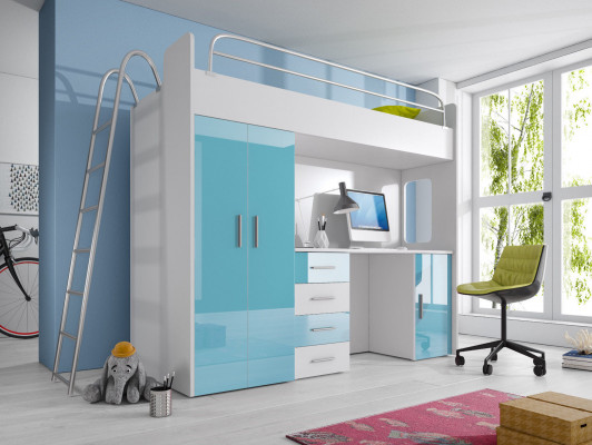 STAPELBED TWIJFELBED HOOGSLAPER BUREAU+KLEDINGKAST-RAJ 4D ZWART