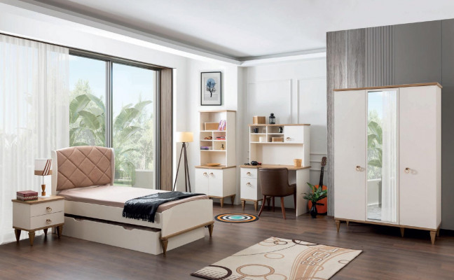 Uniseks slaapkamer jeugdkamer set bed nachtkastje boekenplank tafel 5-delig Nieuw