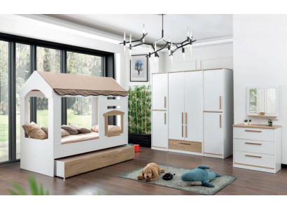 Kinderslaapkamer Bedhuis Overdekt bed Slaapkamerset Spiegel 4-delig.