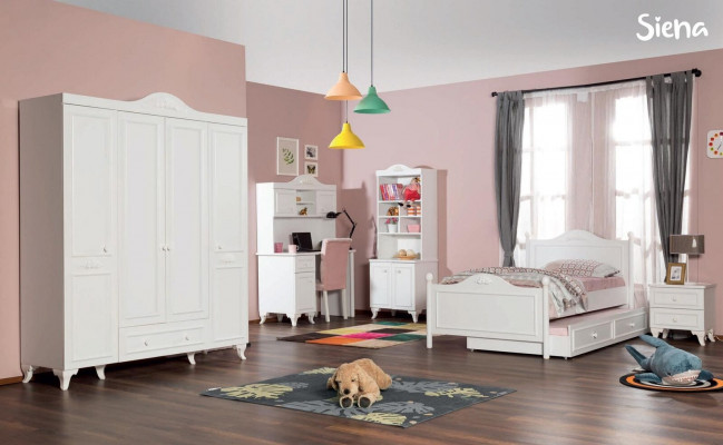 Landhuis kinderkamerset Wit Bed Nachtkastje Bureau Boekenplank Kast 5-delig.