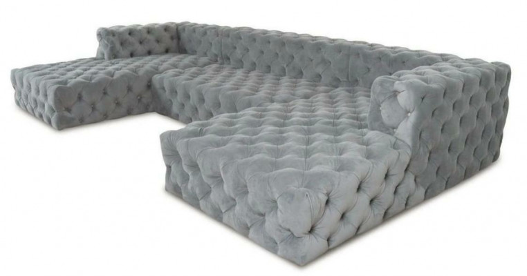 Chesterfield U-vorm Bank Grijs XXL Groot Textiel Stof Bank Luxe Meubels Bekleding