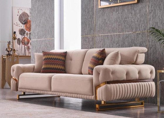 Beige driezits roestvrijstalen meubels woonkamer bank luxe textielbank.