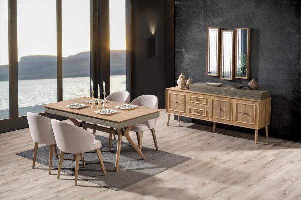 Ontwerp 9-delige eetkamerset Eettafel + 4x Stoelen + Dressoir + 3x Spiegels Modern