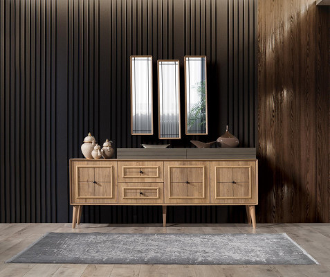 Ontwerp 9-delige eetkamerset Eettafel + 4x Stoelen + Dressoir + 3x Spiegels Modern