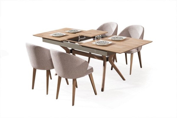 Luxe eetkamerset eettafel 4x stoelen textiel eetgroep modern meubilair nieuw.
