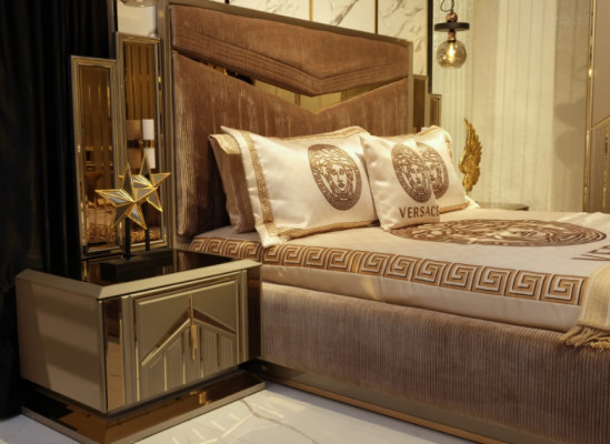 Slaapkamerbed 2x nachtkastjes Luxe beddenset Compleet designmeubilair 3-delig.