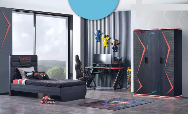 Gamer kinderkamer slaapkamer bed tafel kledingkast 3-delig.