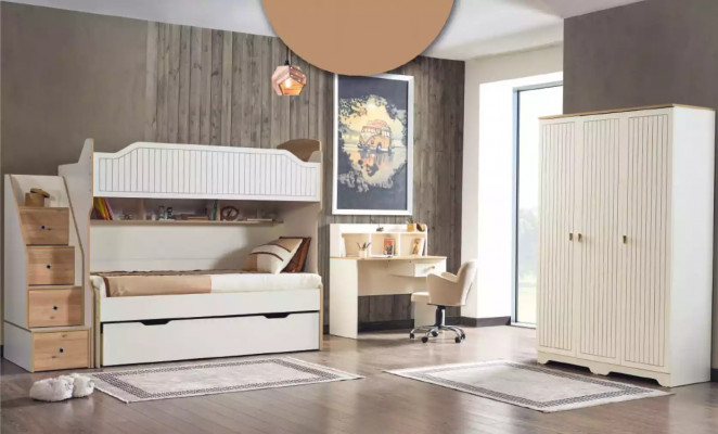 Kinderkamer stapelbed hoogslaper set bureau kledingkast 3-delig.