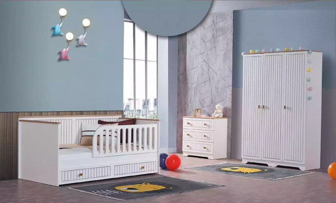 Kinderkamer tienerkamer wit bed commode kledingkast 3-delig