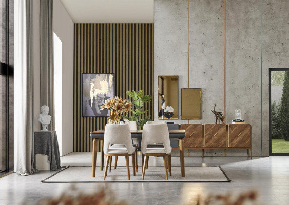 Een laconieke, moderne stoel met hoge poten van hout en bekleding in een prettige, lichte crèmekleur voor de eetkamer.