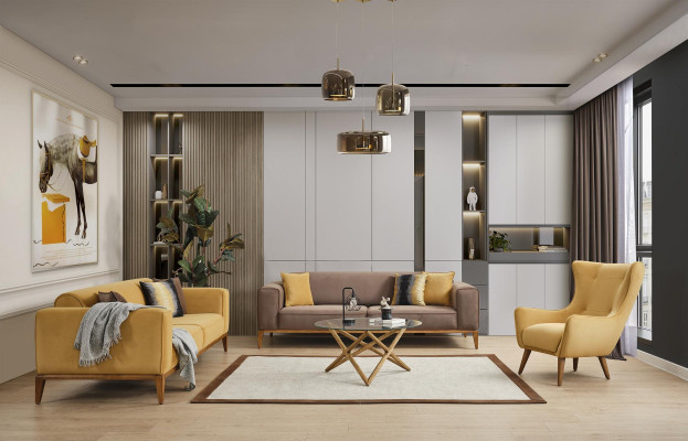 Sofaset Compleet Bankstel 4-zits Fauteuil Stof Geel Set 3-delig Nieuw