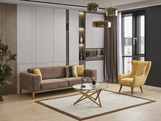 Sofa set Bankstel 4-zits Fauteuil Geel Stof Bruin Modern Vierzitter