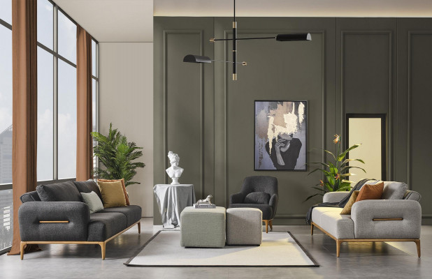 Zitbankstel Bank Fauteuil 431-Zits Stof Luxe Grijs Bankstellen Woonkamer