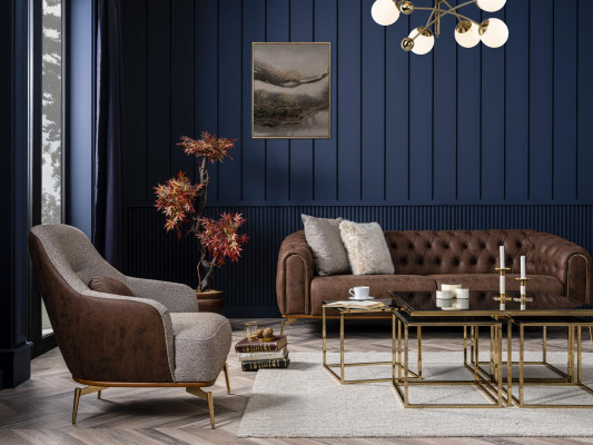 Chesterfield vierzitsbank 4-zitsbank polyester bruin kunstleer
