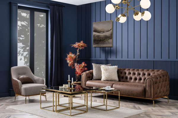 Chesterfield vierzitsbank 4-zitsbank polyester bruin kunstleer