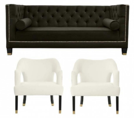 Chesterfield + 2 Stoelen Zwart Wit XXL Groot Textiel Stof Bank Creatief