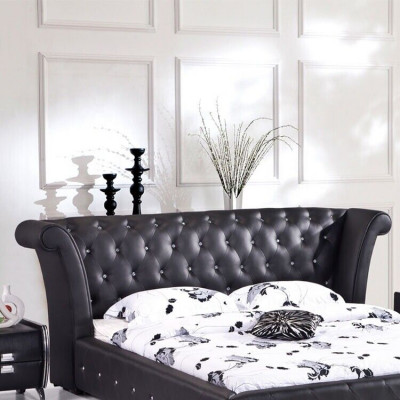Chesterfield Groot Bed XXL Hoofdeinde Bedden Bekleding Hotel Velours Zwart Stof Oren