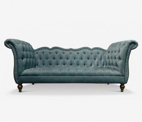 Engelse luxe Chesterfield-bank, kleurrijke textielbank turquoise, blauwe, groene banken.