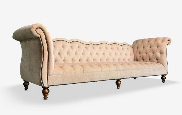 Engelse luxe Chesterfield-bank, kleurrijke textielbank turquoise, blauwe, groene banken.