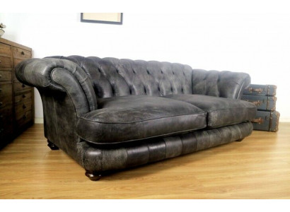 Chesterfield Big Xxl Bank % Leder Zwart 3-Zits Vintage Stijl