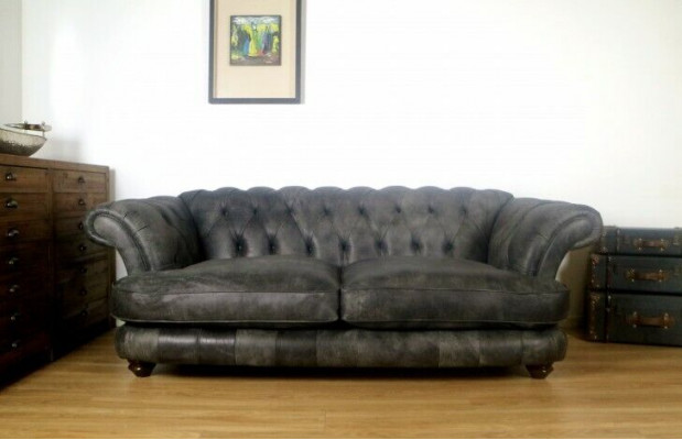 Chesterfield Big Xxl Bank % Leder Zwart 3-Zits Vintage Stijl