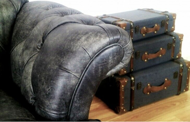 Chesterfield Big Xxl Bank % Leder Zwart 3-Zits Vintage Stijl