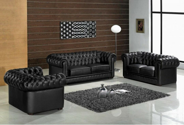 Zwarte Chesterfield bankstellen 3+2+1 set gestoffeerde designerbanken set