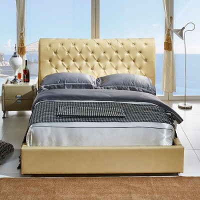 Beige Chesterfield bed ontwerp slaapkamer Engelse bedden textiel bekleding.