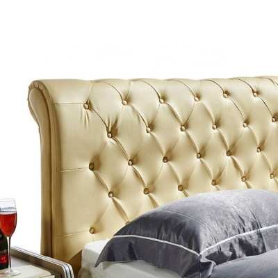 Beige Chesterfield bed ontwerp slaapkamer Engelse bedden textiel bekleding.