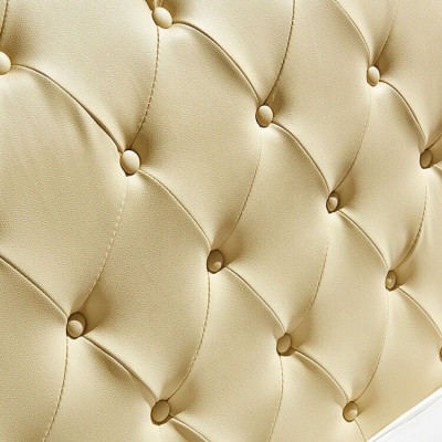 Beige Chesterfield bed ontwerp slaapkamer Engelse bedden textiel bekleding.