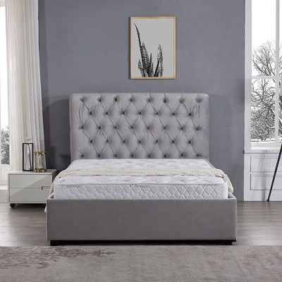 Royale grijze slaapkamer bed gestoffeerde bedden Chesterfield design textiel