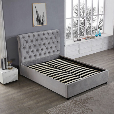 Royale grijze slaapkamer bed gestoffeerde bedden Chesterfield design textiel