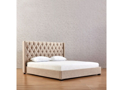 Beige slaapkamer bedden gestoffeerd bed Chesterfield textiel stof nieuw.