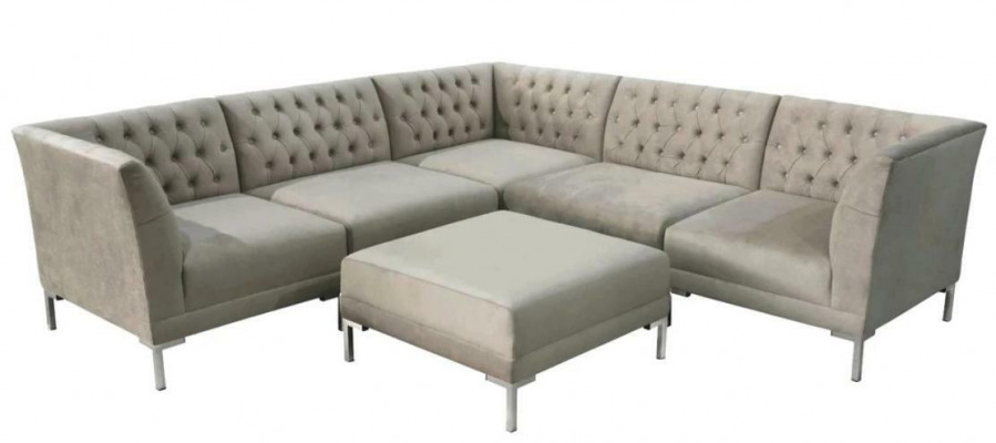 Hoekbank Hocker Grijs xxl Groot Textiel Stof Chesterfield Bankstel Meubels