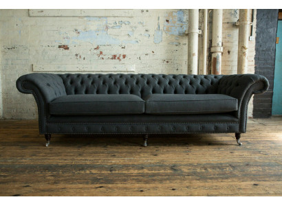 Originele Chesterfield textiel leren bank bank bekleding Grote zitkussen Grijs 265cm