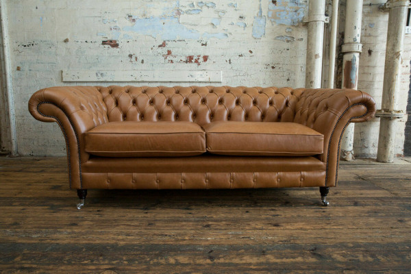 Bankstel 3-zits bank Chesterfield gestoffeerde zitgroep leer bruin textiel