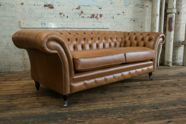 Bankstel 3-zits bank Chesterfield gestoffeerde zitgroep leer bruin textiel