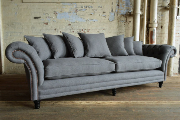 Klassieke Chesterfield bankstel 4-zitsbank Bank Velours Leder Design Grijs 265cm