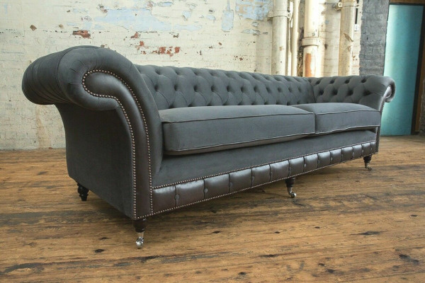 Klassieke Chesterfield bank 4-zitsbank bank Velours Lederen design Zwart Nieuw