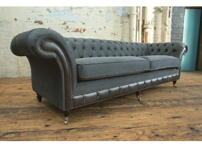 Klassieke Chesterfield bank 4-zitsbank bank Velours Lederen design Zwart Nieuw