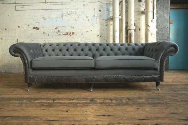 Klassieke Chesterfield bank 4-zitsbank bank Velours Lederen design Zwart Nieuw