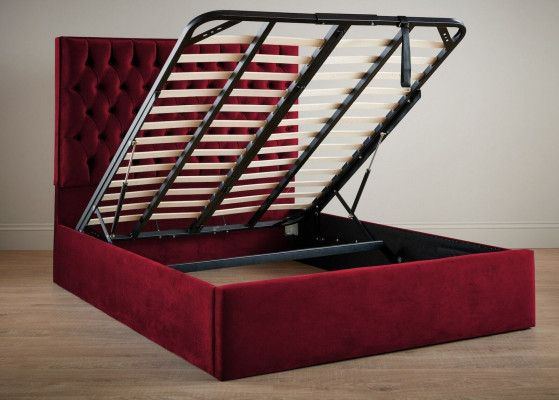 Rood luxe fluwelen textielbed in Chesterfield design van 160x200 cm, nieuw.