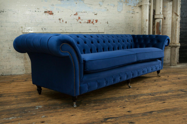 Klassieke Chesterfield bank 4-zits bank Sofa Fluweel Leer Blauw Design Bekleding