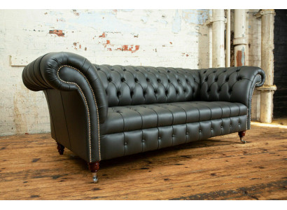 Grijze Chesterfield leren driezits Designer bankstel