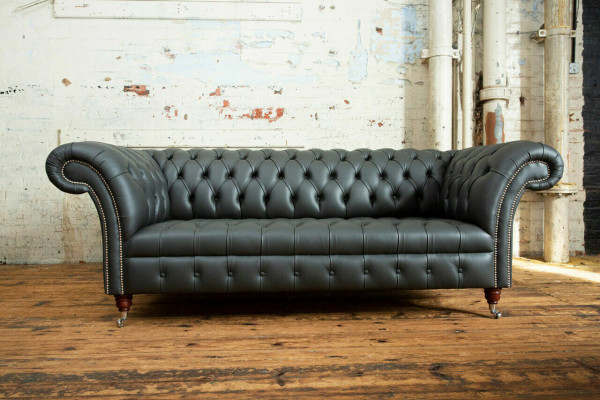 Grijze Chesterfield leren driezits Designer bankstel