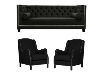 Zwarte bankstel, driezitsbank, fauteuil, gestoffeerde bankstel, 3+1+1.