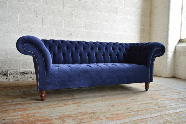 Blauw Chesterfield bank bankontwerp gestoffeerde banken stoffen textiel leer