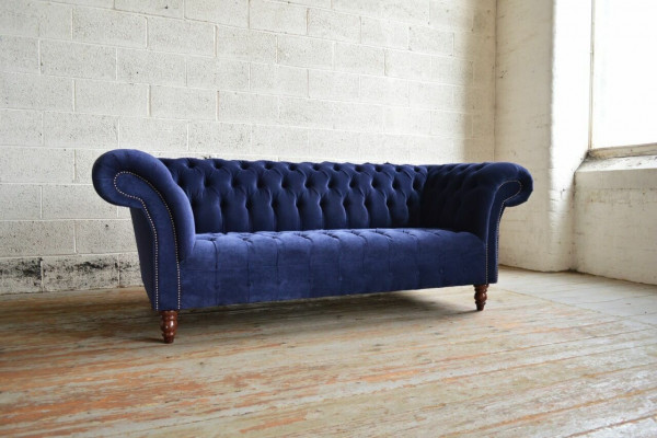 Blauw Chesterfield bank bankontwerp gestoffeerde banken stoffen textiel leer