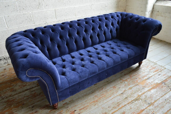 Blauw Chesterfield bank bankontwerp gestoffeerde banken stoffen textiel leer